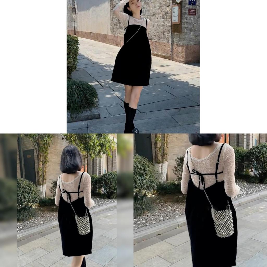 French Design Black Knit Dress With Long Sleeve Round Neck For Spring Summer Women