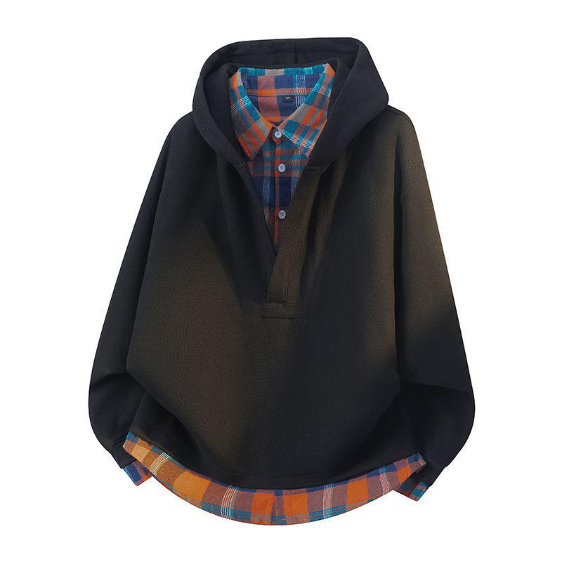 Unisex Plaid Patchwork V-Neck Hooded Sweatshirt Small чёрный