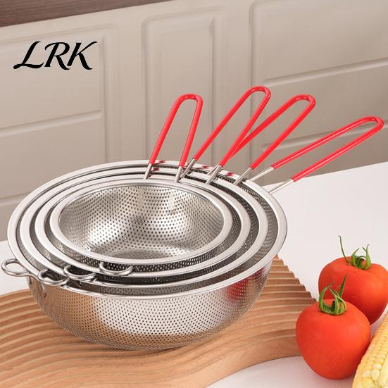 Easy Clean Food Colander Stainless Steel Rice Washing Basket, Red Handle Fine Kitchen Drain Basket Mesh Strainer, Heat-Insulating for Fruit Vegetable