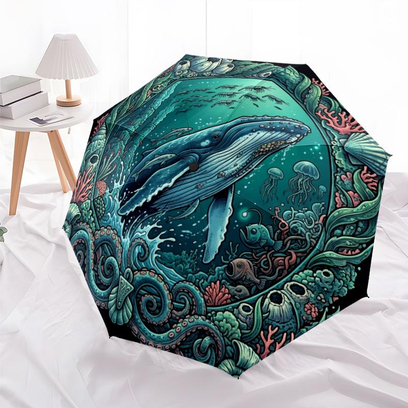 Whale Ocean Life Pattern Umbrella, Portable and Foldable Design, 8 Ribs, a Casual Accessory for Halloween, Christmas, and Birthday Gifts.