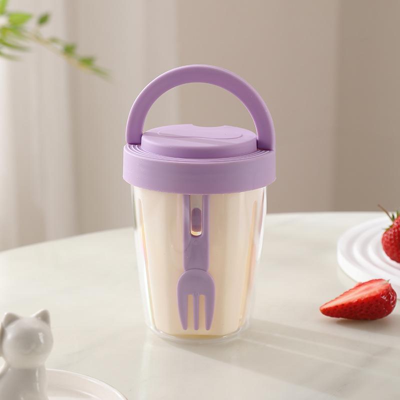 Dripable Fruit Cup with Fork Food Grade Student Portable Picnic Storage Bucket Plastic Cup Sealed Leak Proof Salad Cup 1PC