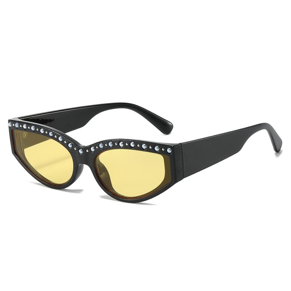 Retro Cool Shiny Cat Eye Women Sunglasses  Luxury Brand Stylish Rhinestones Pearl Small Frame Men Sun Glasses Uv400