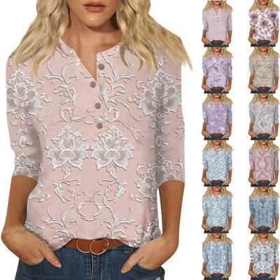 Women's Fashion Casual Button 3/4 Sleeve Valentine's Day Printed  Neck Top