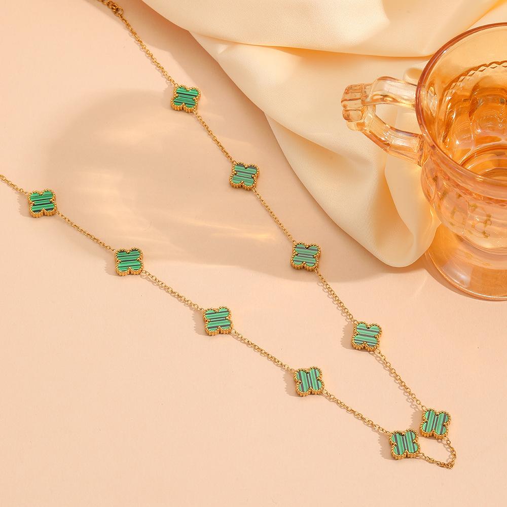 Four leaf clover stainless steel small flower double-sided shell pendant necklace