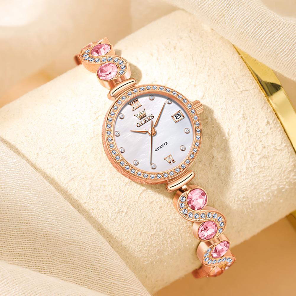 Luxury Rhinestone Bracelet Watch for Women OLEVS Rose Gold Case Mother of Pearl Dial Date Fashion Elegant Quartz Wrist Watch