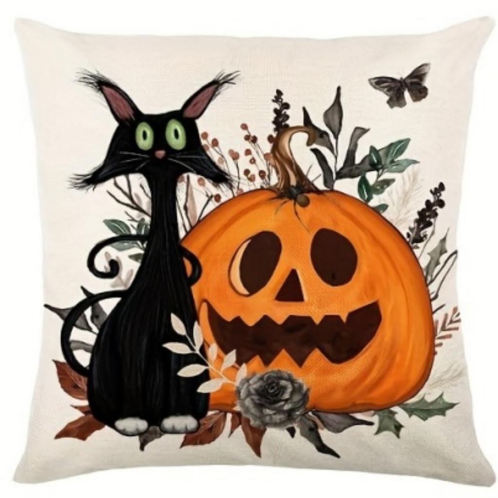 1pc Halloween Cushion Cover Black Cat Pumpkin Ghost Pattern Decorative Pillowcase Suitable for Bedroom Decoration Festival Gifts