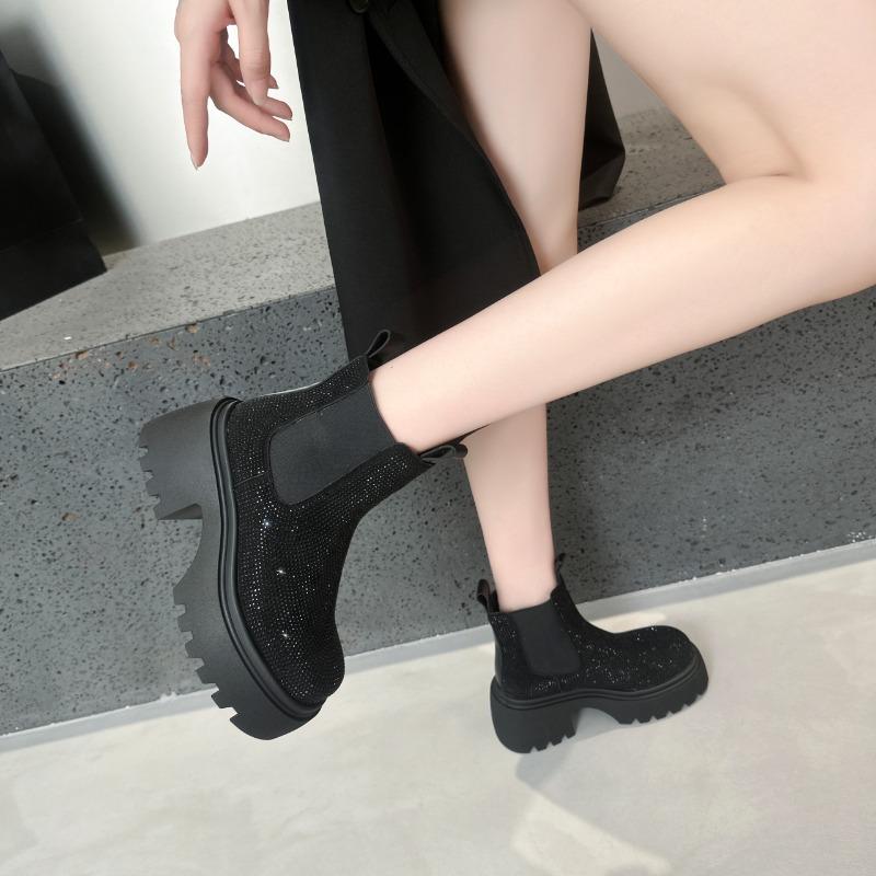 Fashion Full of Diamonds and Trifle Soles 2025 Autumn and Winter New Heightened British Style Chelsea Booties