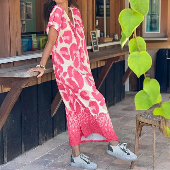 Women Summer T-shirt Shift Dress Leopard Print Short Sleeve V Neck