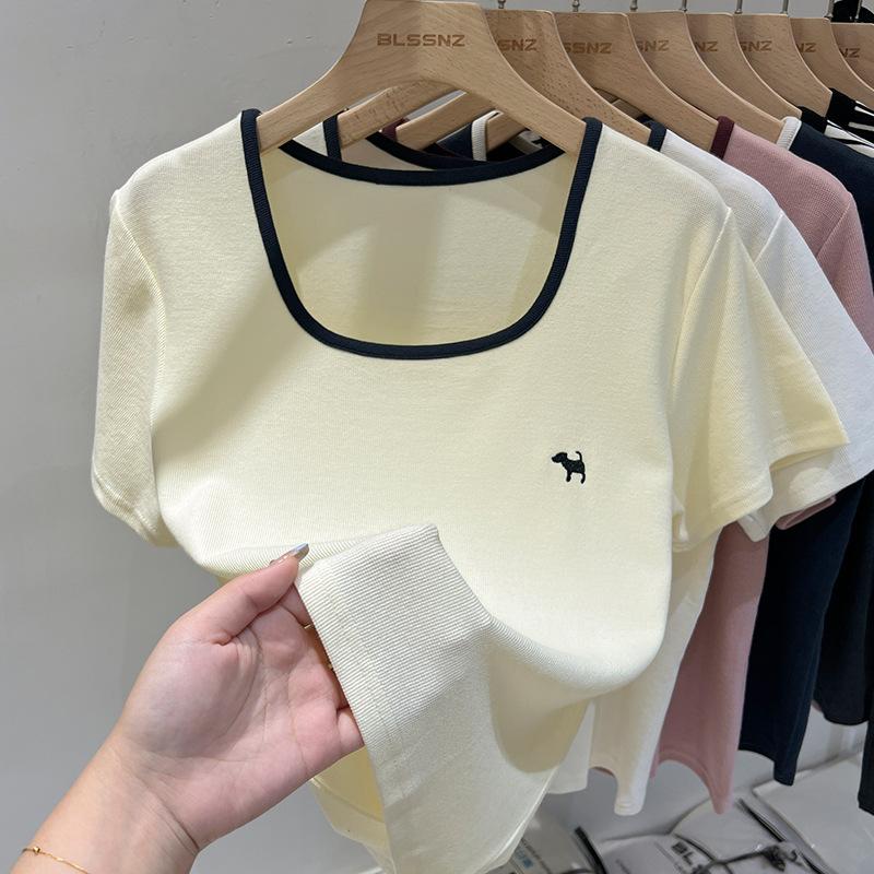 White Puppy Embroidered Cotton Square Collar Short Sleeve T-shirt Women's Summer Loose Top