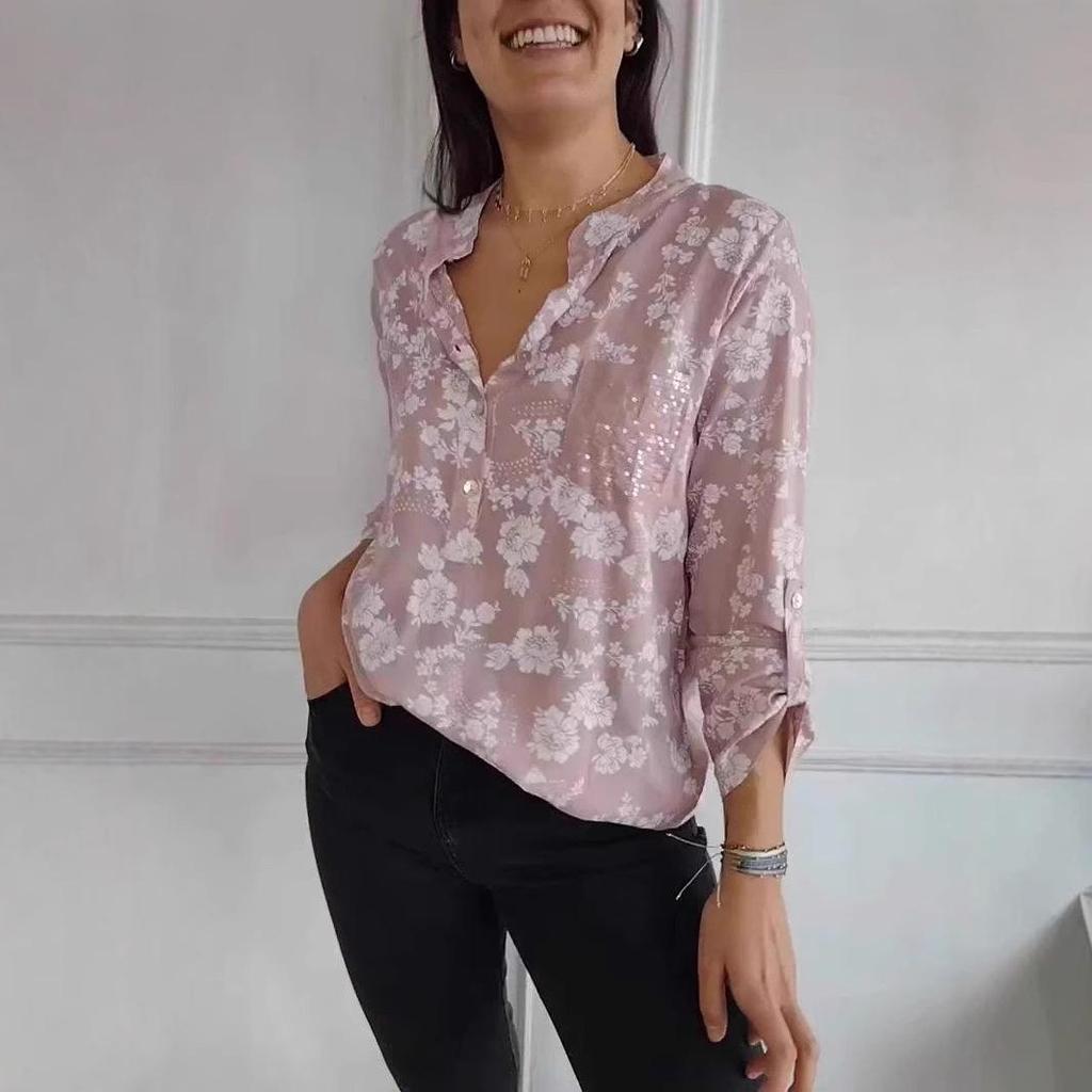 European-American Spring 2025 Loose Casual Long Sleeve Sequin Pocket Shirt