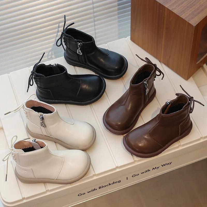 2024 Children Leather Shoes for Girl Autumn New Fashion Versatile Korean Style Soft Anti-slippery Side Zipper Casual Short Boots