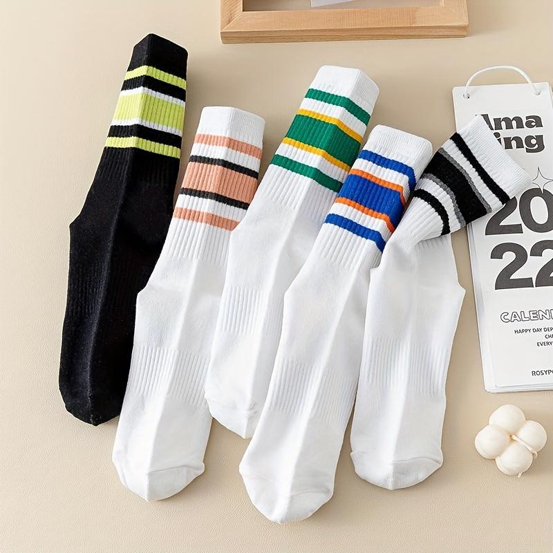 

5Pairs Women s Mid-Crew Striped Socks, Breathable Sports Socks with Color Accents for Daily Wear & Layering One Size
