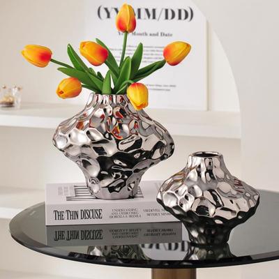 Silberne Keramikvase Unregelmäßige Steinkörnung Geometrische Scheiben Blumenvase Blumenarrangement Zubehör Heimdekoration
