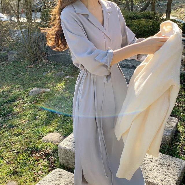 Vestido Camisero Minimalista Coreano de Solapa para Mujer con Lazo en la Cintura y Abertura en el Dobladillo para Primavera y Otoño