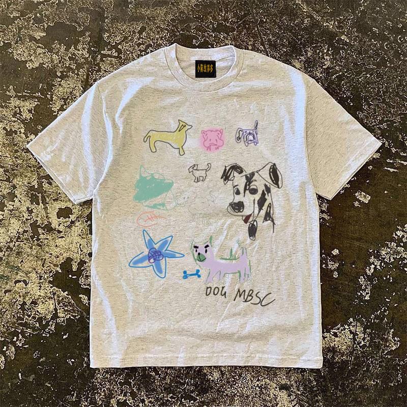 Pure Cotton 3a260g Double Thread Loose Fit Short Sleeve Tshirt Unisex Breathable Comfortable American Retro Style Printed Top