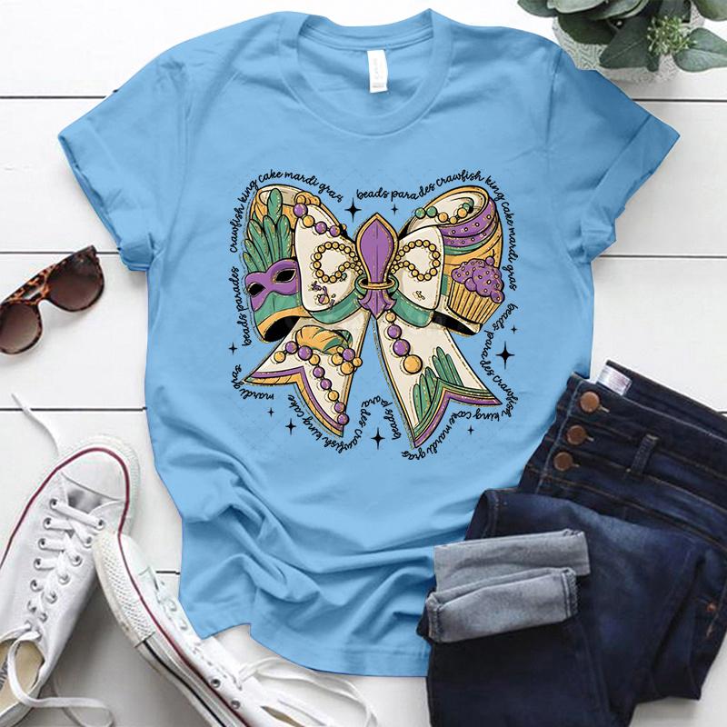 Mardi Gras Coquette Bow Design Tshirt Women Mardi Gras Vibes Vintage T Shirt Crew Neck Fat Tuesday Carnival Bow Shirt for Women