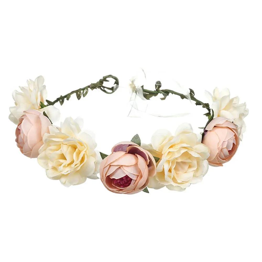 Mode Bohemia Girlang Rosblomma Krona Damhuvudband med Justerbart Band Flickor Blommig Krans Brud Halo Huvudprydnad