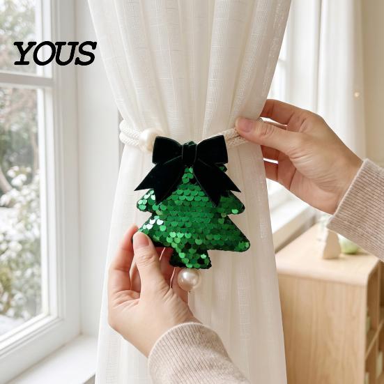 Woven Rope Curtain Buckles Sequined Tree Tieback, Sparkling Christmas Holder with Reusable Fabric Ties Bow, Decorative Drapery Holdback for