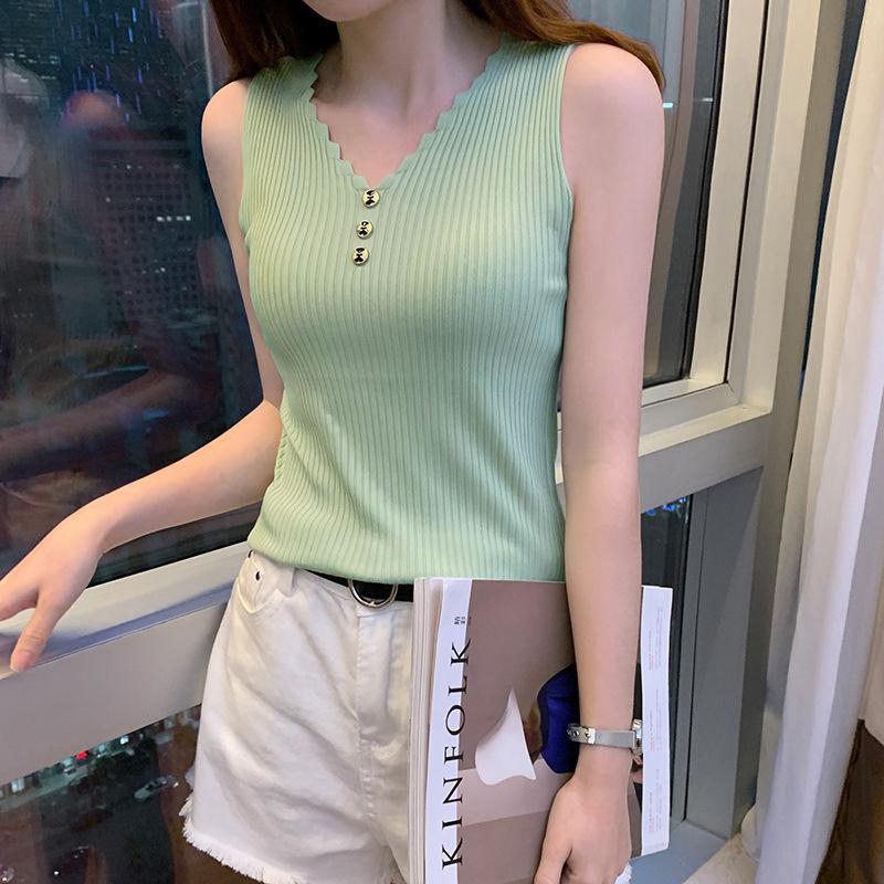 2023 Summer New Women's Sleeveless Button Solid Loose Shirt V-neck Ice Silk Top Knitted Shirt