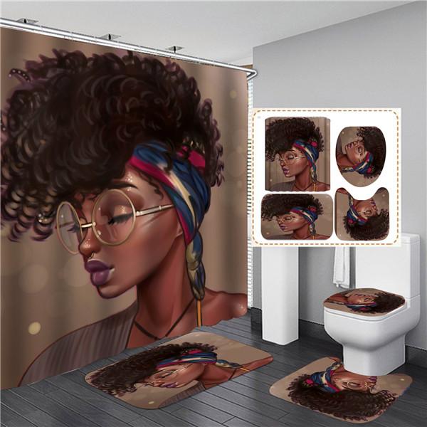 4PCS Full Set Bathroom Curtain Set Elegant African Black Woman Shower Curtain Hooks Modern Bath Mat Toilet Lid Cover Anti-slip Bath Mats