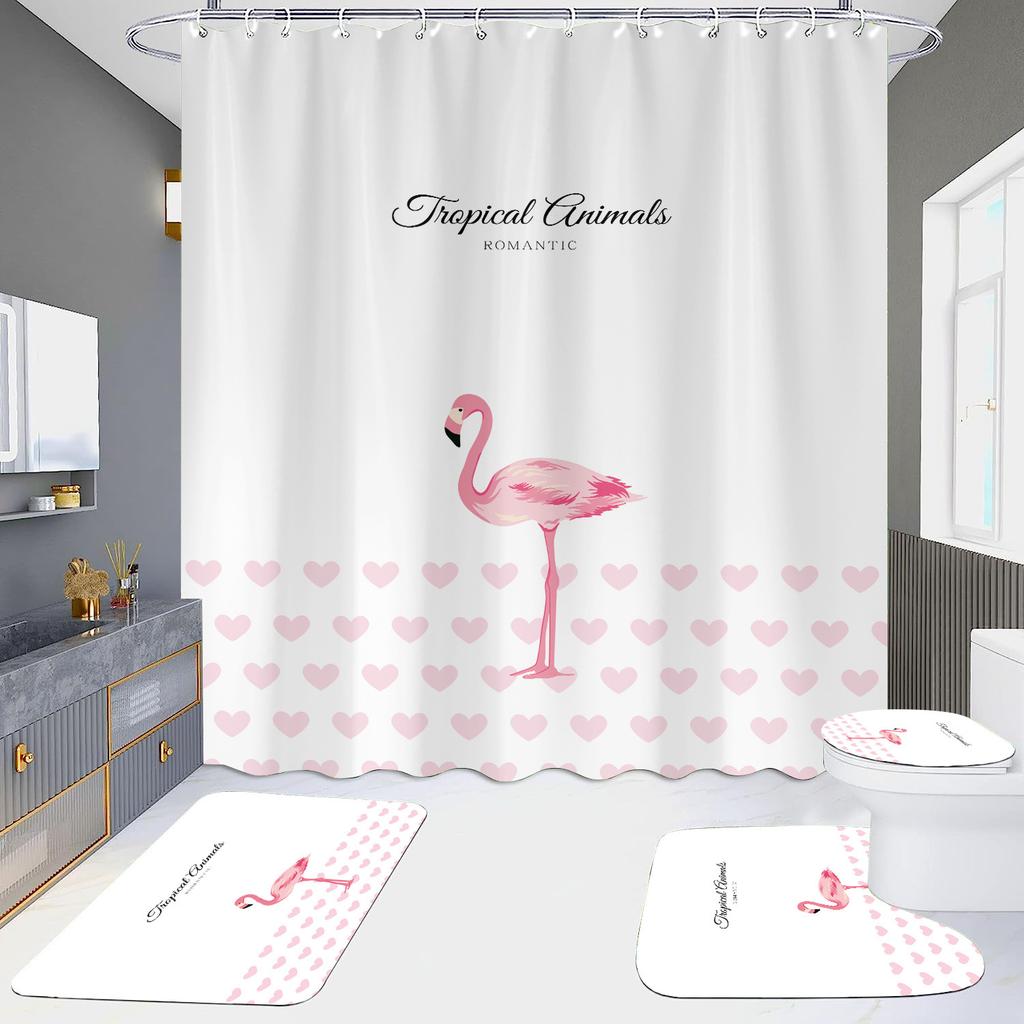Pink Flamingo Printing Shower Curtain Set For Bathroom Non Slip Lovebird Bath Mat And Curtain Set Bath Rug Toilet Carpet