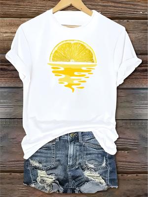 Sunset Lemon Printed Tshirt Casual Short Sleeve Round Neck Top Comfortable Daily Fashion Womens Summer Casual Clothing