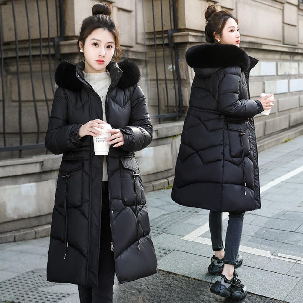 Large Fur Collar Cotton-padded Clothes for Women's Medium and Long Styles, Winter New Fashionable Slim-fitting Cotton Clothes Over the Knee