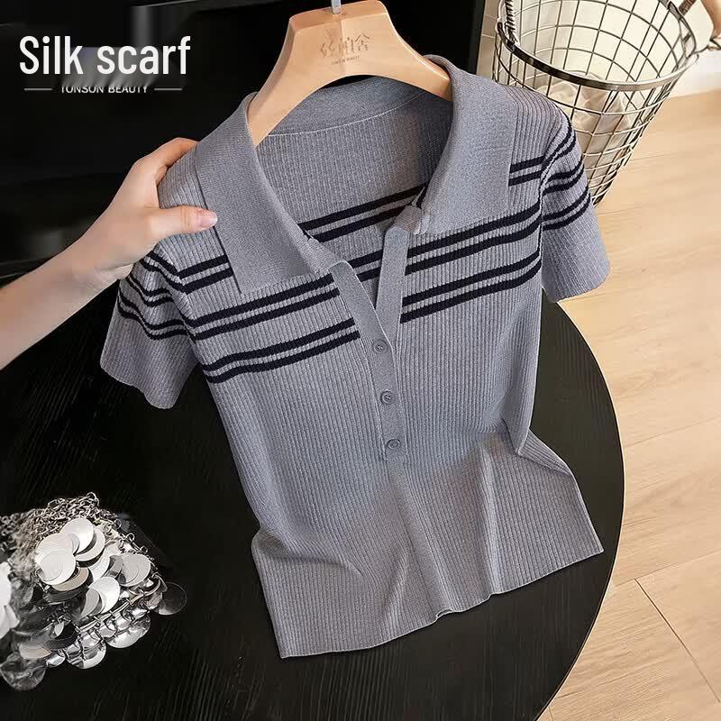 Women s Slim Fit Lapel Stripe Knit Short Sleeve Top One Size