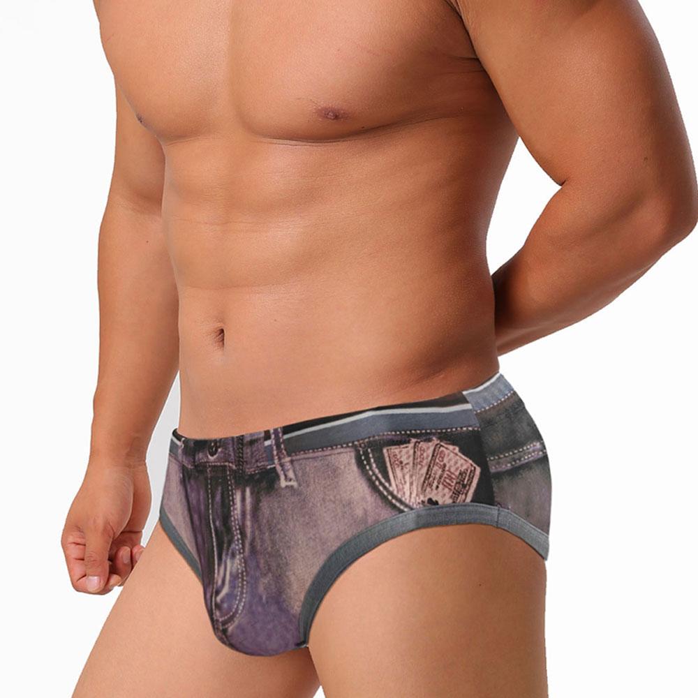 

Mens Denim Print Swim Briefs Quick Dry Elastic Waistband Sexy Novelty Swimwear For Men Asian XXL коричневий