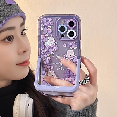 Schöne lila Blumen Kaninchen Ständer Halter Fall für Iphone 14 Pro Max 13 11 12 14 Plus Bunny unsichtbare Halterung Telefon Abdeckung