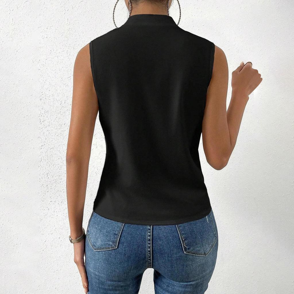 Women's Summer Sleeveless Color Tank Notched Collar V Neck Tops Blouse Shirts