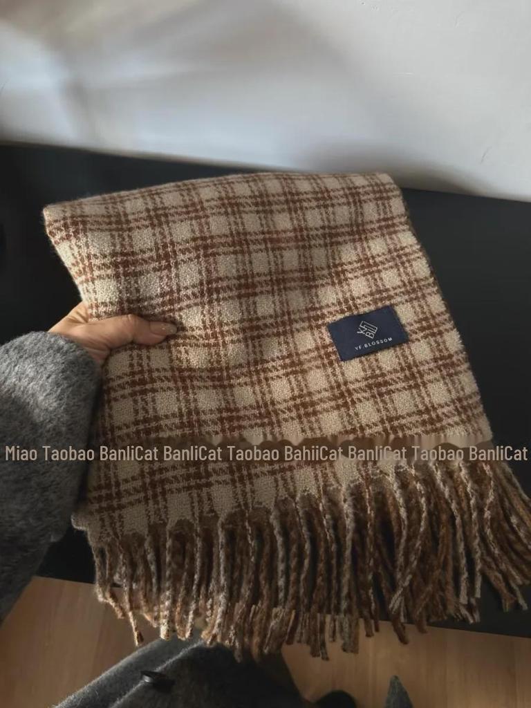 2024 Women's Korean-Style Blue & Brown Plaid Double-Sided Winter Scarf