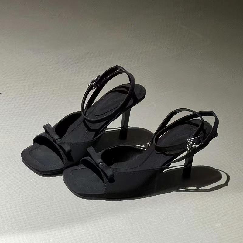 34-41 Square-toe Ankle Strap Satin fabric Sandals Woman High Heels talon pointu Shoes Ladies One-word Buckle Sweet Bow Sandalias