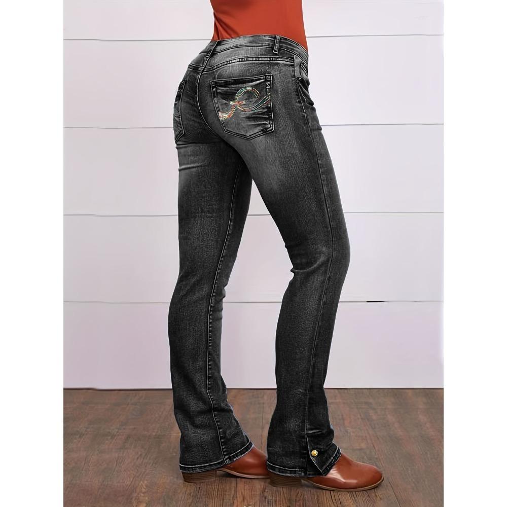 Women's Low Rise Straight Leg Jeans Embroidered Stretch Denim Pants Casual Slim Fit Denim Trousers For Daily Wear