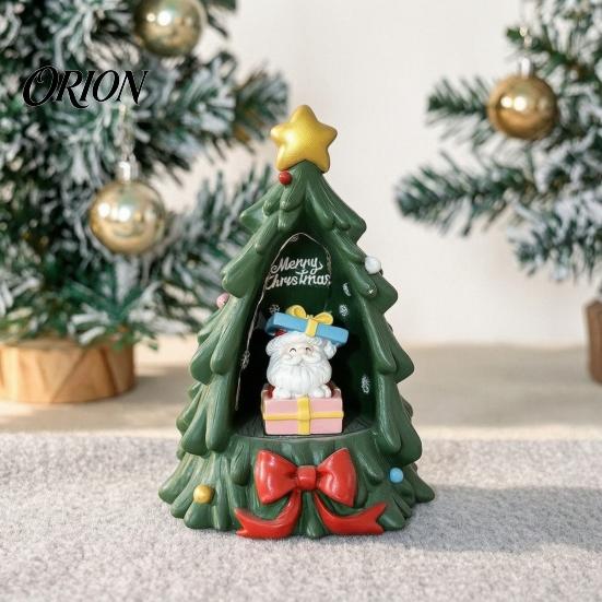 Christmas Tree Figurine Resin Ornament with Built-in LED Warm Light, Santa Claus Figurine, Handcrafted Xmas Ornaments Decorative Tabletop Night Light