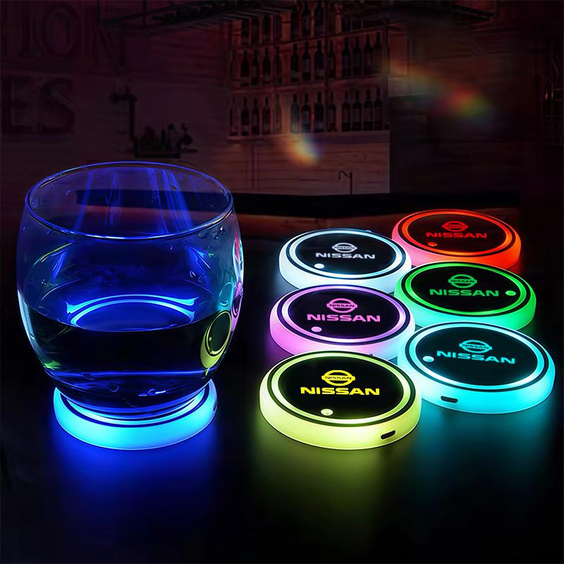 For Nissan ADFG37 Color Car Coaster Cup Pad Smart LED Atmosphere Light Mat For Nissan Qashqai J11 J12 Sylphy N7 Teana Note Navara Juke GTR Tiida