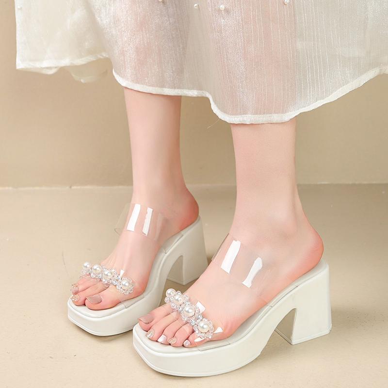 

Fashion Large Size Square Heel Sandals Summer New Square Head Waterproof Table Crystal Pearl Buckle Transparent Strap High Heels 35
