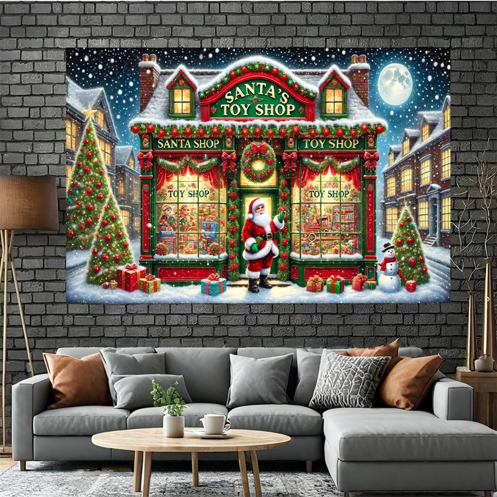 1Pcs Santas Toy Shop Scene Festive Wall Decoration Background Christmas Backdrop Decorations For Photo Studio Booth Party