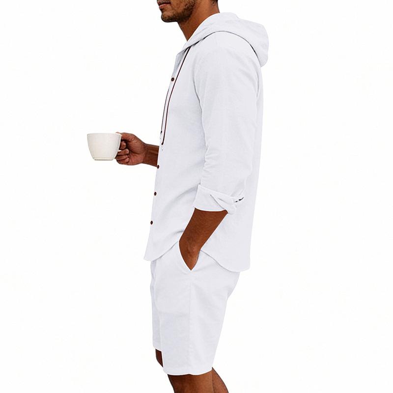 Men's Linen Casual Hooded Shirt & Shorts Set - Breathable, Long-Sleeved, Two-Piece.