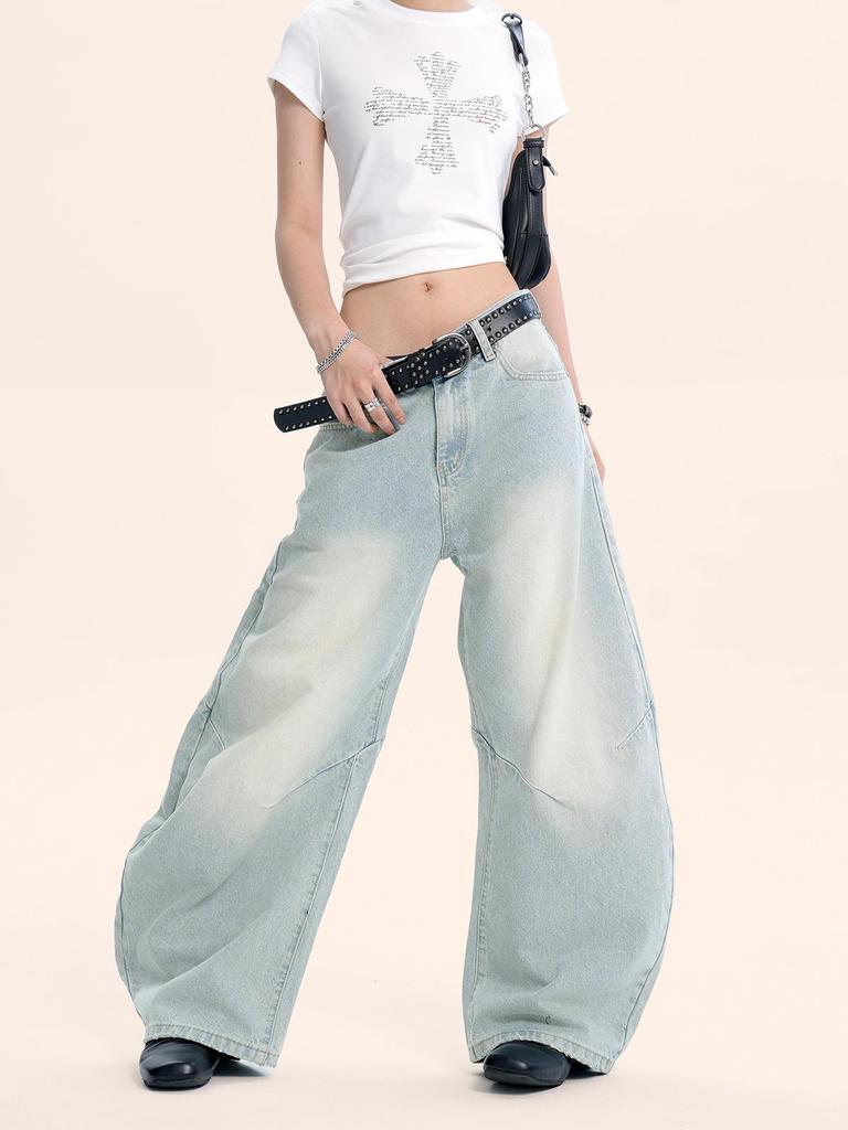 Yongfang Retro Light Blue Curved Leg Unisex Jeans - Trendy Loose-Fit Wide-Leg Pants