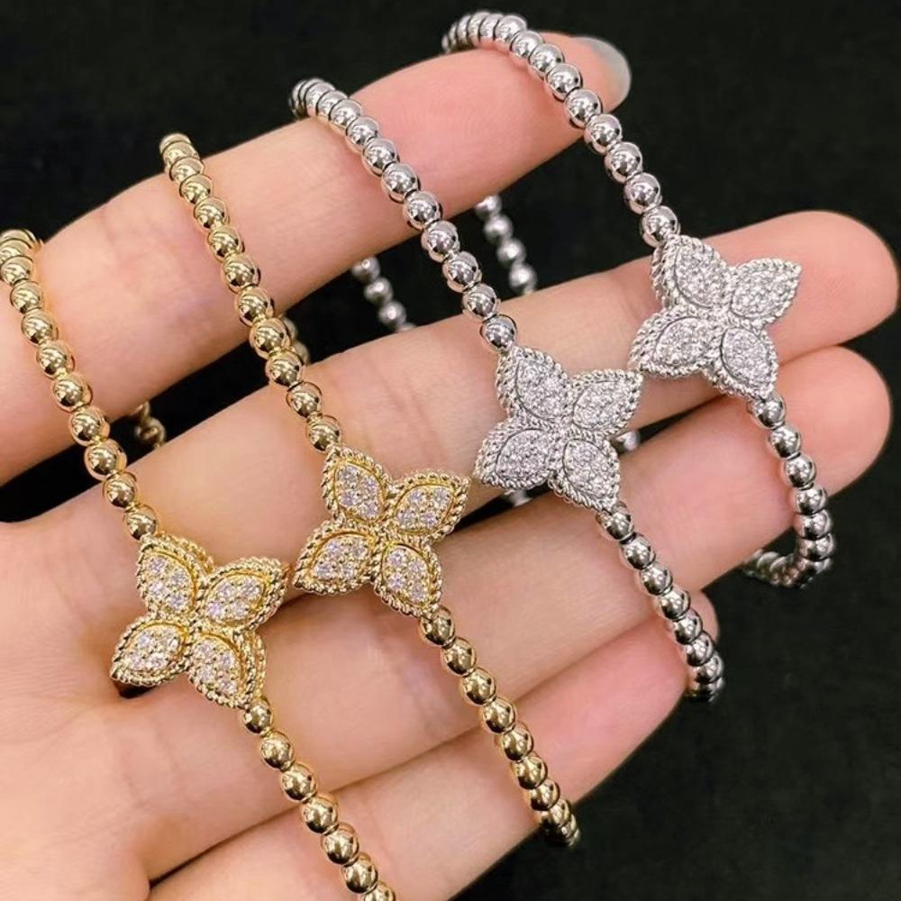 Vintage Morgan Flower Elastic Double Sided Flip Bracelet Brushed Diamond Clover Bangle for Women