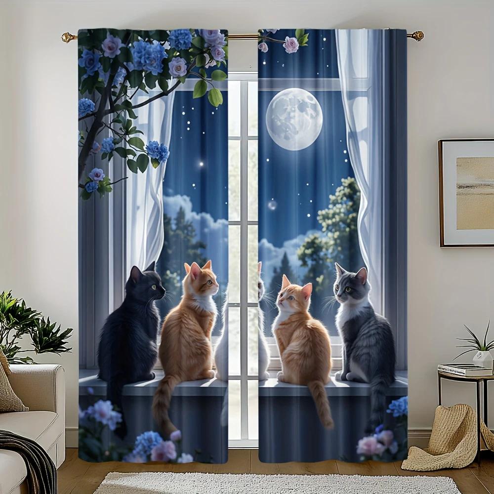 Flat Printed Dreamy Cat Printed Curtains, Pole Bag Curtains, Bedroom and Living Room, Home Decoration, Room Decoration