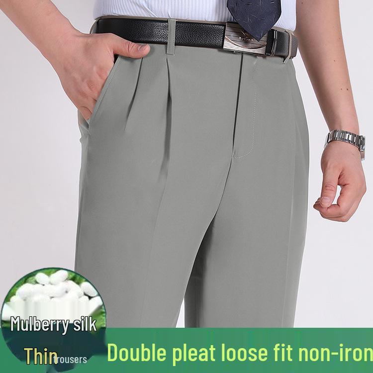 Men's Summer Mulberry Silk Dress Pants: Double Pleated, Loose Fit, Straight Leg, High Waist, Deep Crotch.