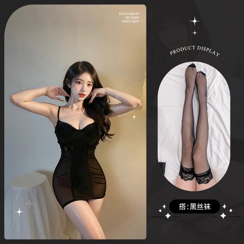 Sexy lingerie sexy deep vA wrinkled mesh perspective seduction hot suspender nightdress set