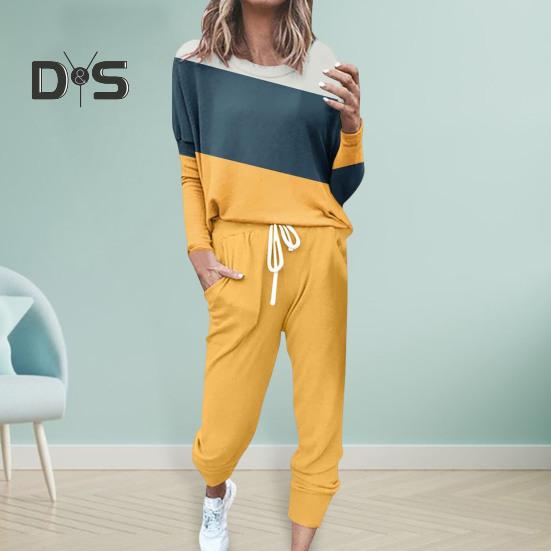 2 Pcs/Set Women Top Pants Suit Round Neck Long Sleeves Colorblock Sport Sweatshirt Drawstring Elastic Waist Trousers Fitness Outfit Fall Spring