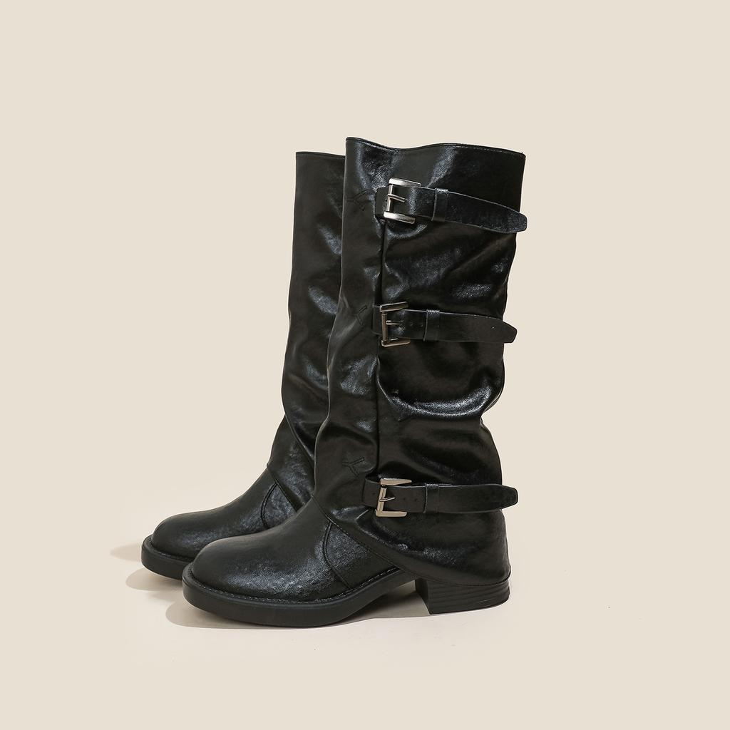 Kleiner Mann aber kniehohe Stiefel mit dicker Sohle Damen 2025 Herbststiefel dicker Absatz Schnalle Gürtel mittelhoher Schaft Faltenstiefel Damen