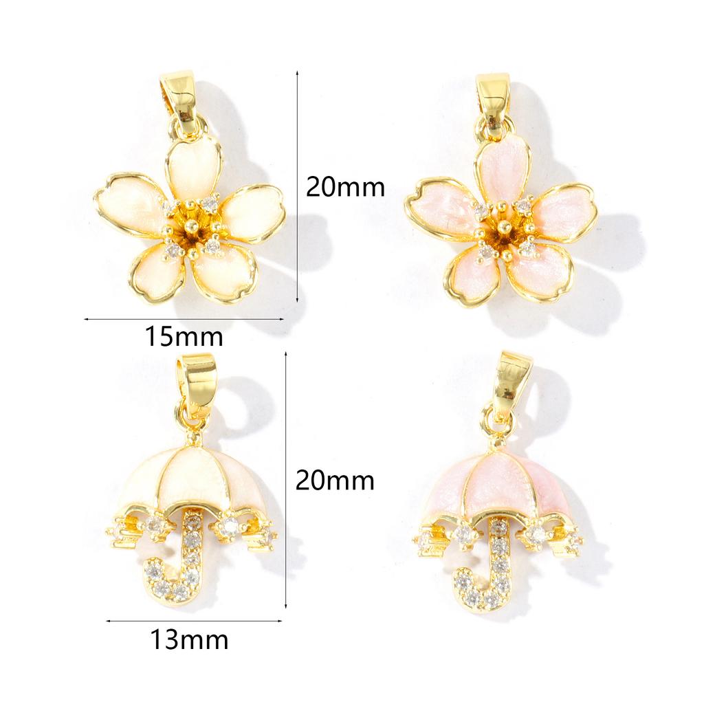 2 pcs 18k Gold Plated CharmsTransparent Zircon Pearl Umbrella Flower Melon Seed Buckle Brass Pendant For DIY Necklace Making