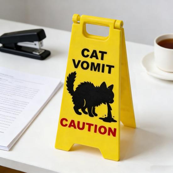 Cat Vomit Caution Sign Humorous Cat Puke Warning Sign Novelty Gag Gifts for Pet Lovers Home Desk Decor