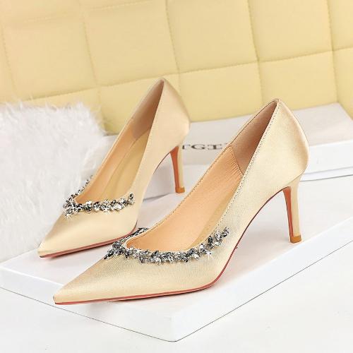 Fashion Elegant Party High Heels Pointed Toe Satin Rhinestone Stiletto Pumps Women Shoes