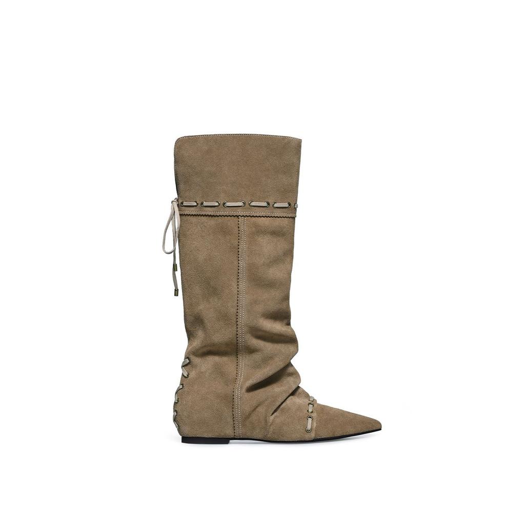 Cowhide Version~ Inner Height-increasing Suede Western Boots Retro Pointed Foldable Two-wear Boots Female Versatile Pleated Knight